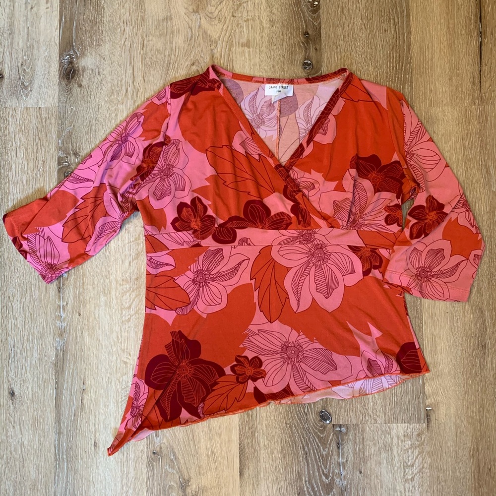 🌺Floral Y2K Shirt w/ Asymmetrical Lettuce Trim Hem and 3/4 Length Sleeves XL🌺